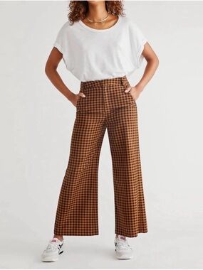 Free People Brown Gingham High-Waist Wide-Leg Pants